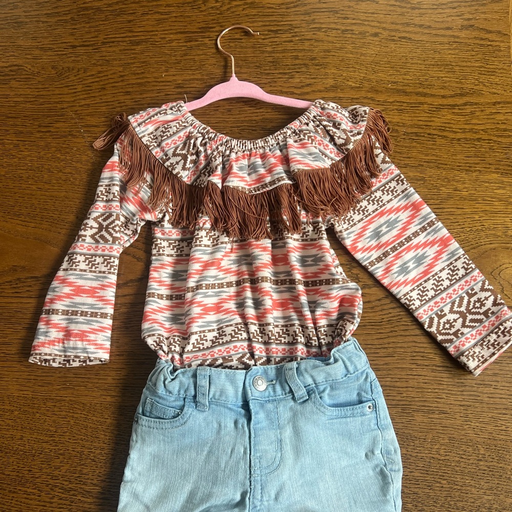 Shea baby 2T Girls Kids Patterned Fringe Top Bodysuit snap closure rodeo western